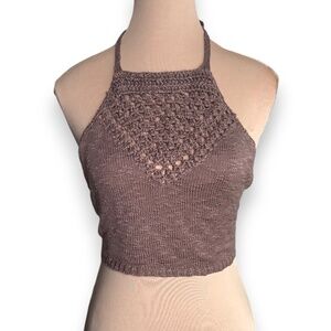 BEAR DANCE Brown Crochet Knit Halter Crop Top Size S